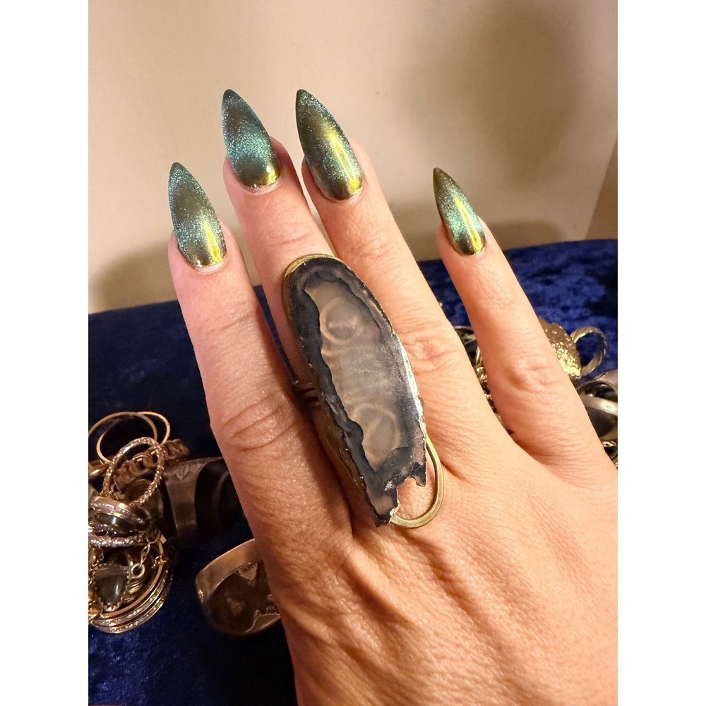 Artisan Natural Agate Slice Statement Ring Gold Tone Wire Wrapped Boho Jewelry - Picture 2 of 6